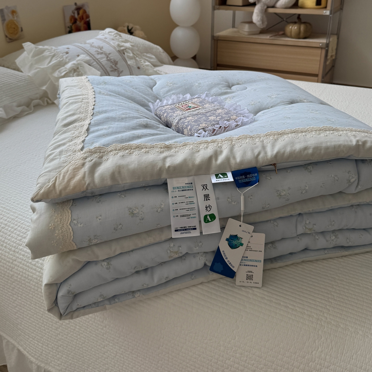 91家纺网 家纺一手货源 找家纺 一加一 2025新款A类全棉纯棉双层纱田园风懒人被冬被被子被芯（可水洗） 玲兰铛-兰