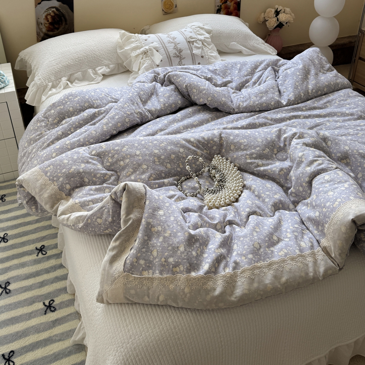 91家纺网 家纺一手货源 找家纺 一加一 2025新款A类全棉纯棉双层纱田园风懒人被冬被被子被芯（可水洗） 梦醒花间-灰