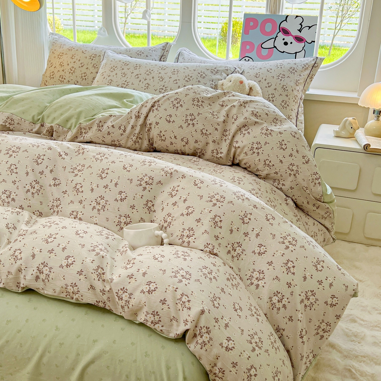 91家纺网 家纺一手货源 找家纺 韩后家纺 2025新款水洗棉印花系列四件套 花晓-绿