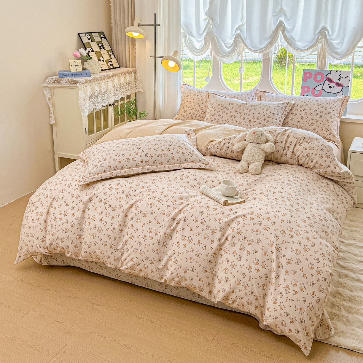 91家纺网 家纺一手货源 找家纺 韩后家纺 2025新款水洗棉印花系列四件套 花初