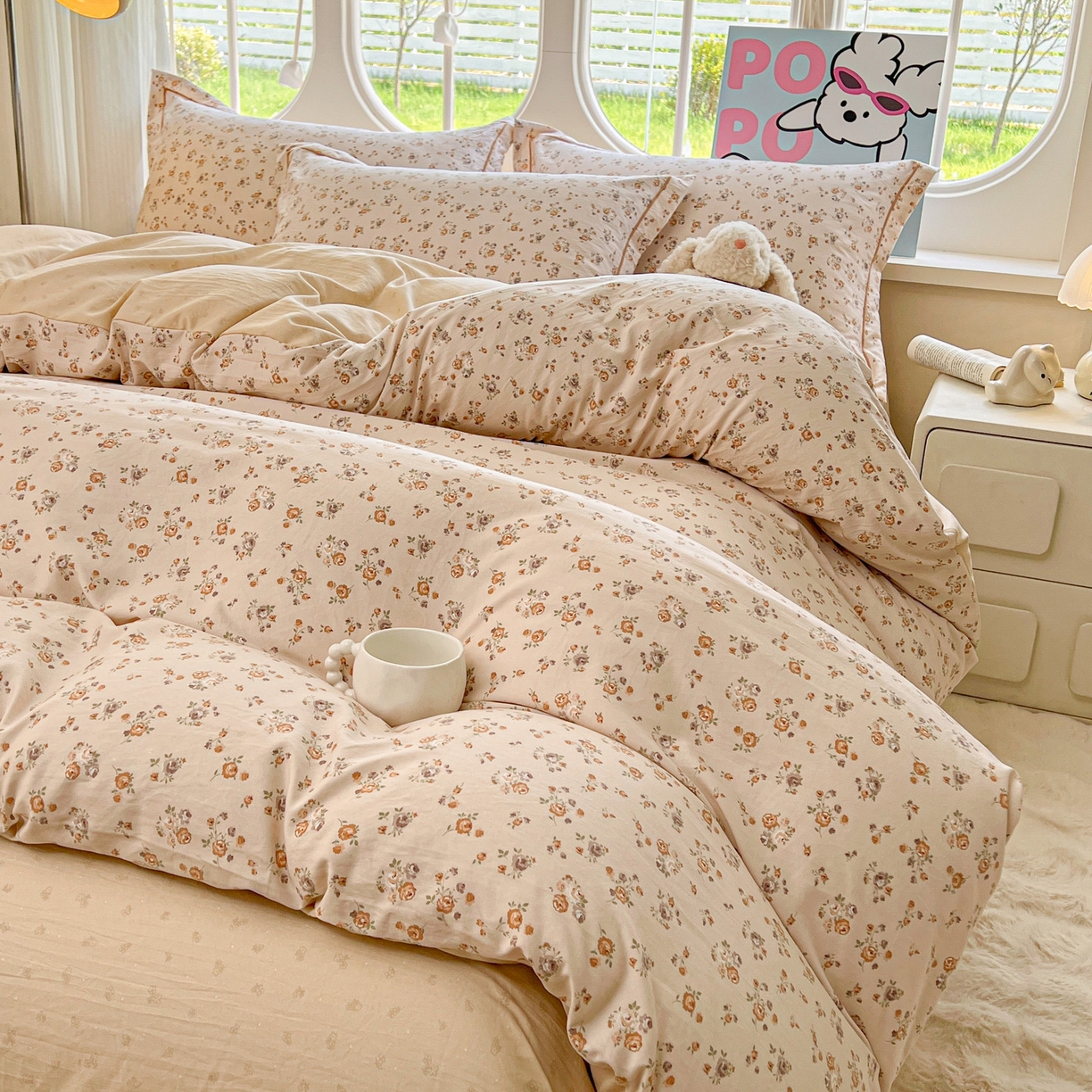 91家纺网 家纺一手货源 找家纺 韩后家纺 2025新款水洗棉印花系列四件套 花初