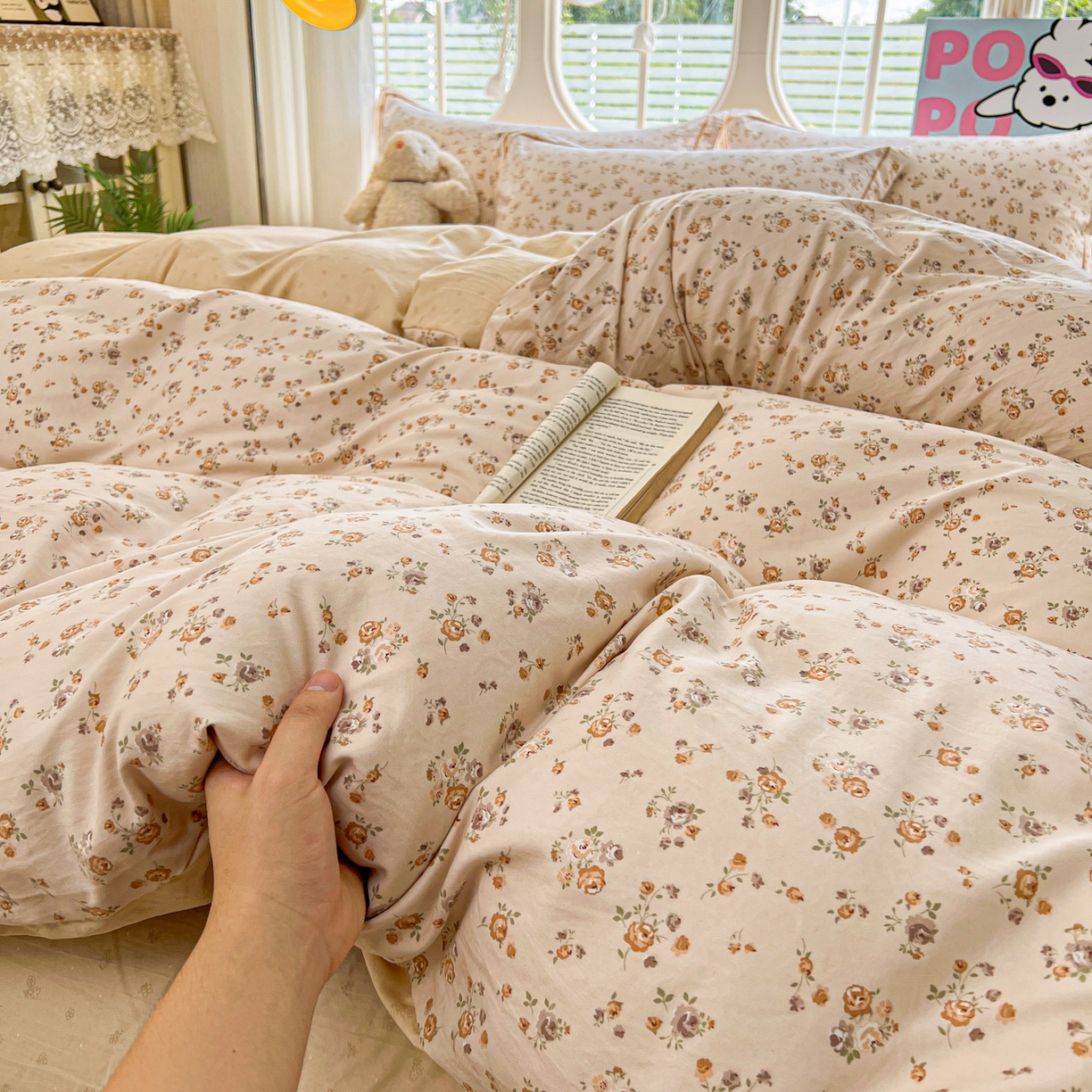 91家纺网 家纺一手货源 找家纺 韩后家纺 2025新款水洗棉印花系列四件套 花初