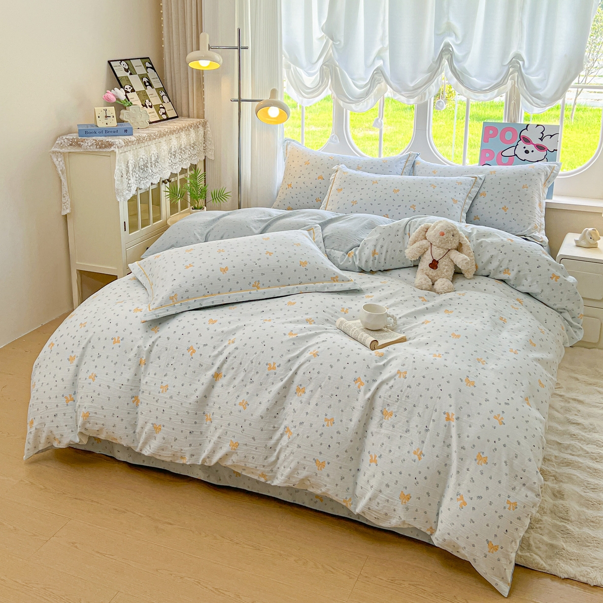 91家纺网 家纺一手货源 找家纺 韩后家纺 2025新款水洗棉印花系列四件套 波点淡翠-兰