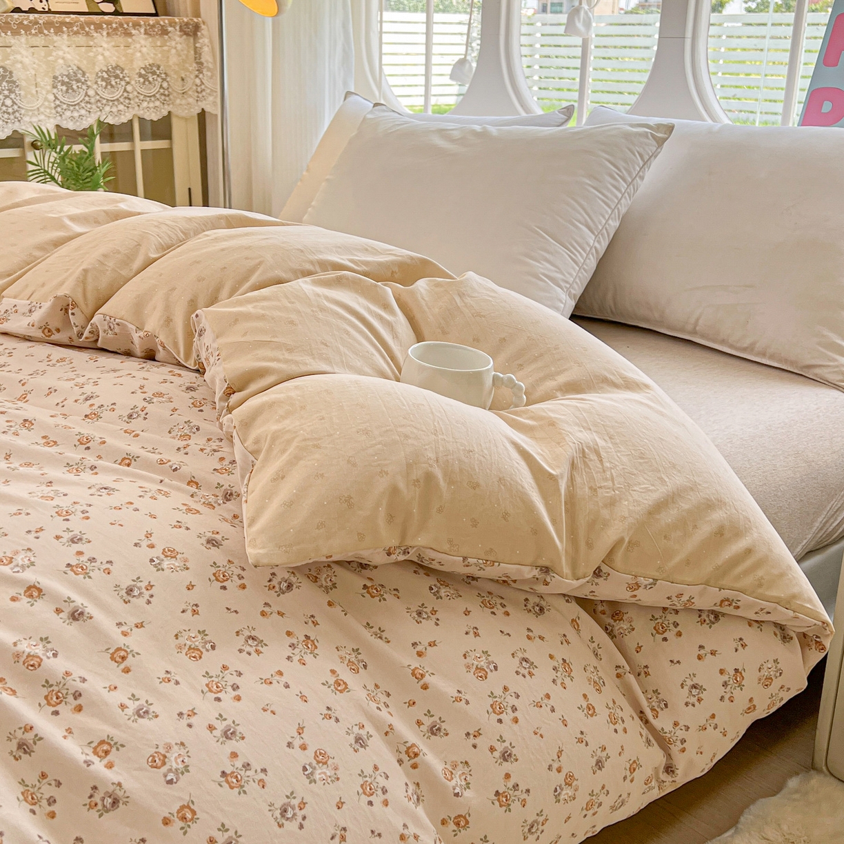 91家纺网 家纺一手货源 找家纺 韩后家纺 2025新款水洗棉印花系列四件套 花初