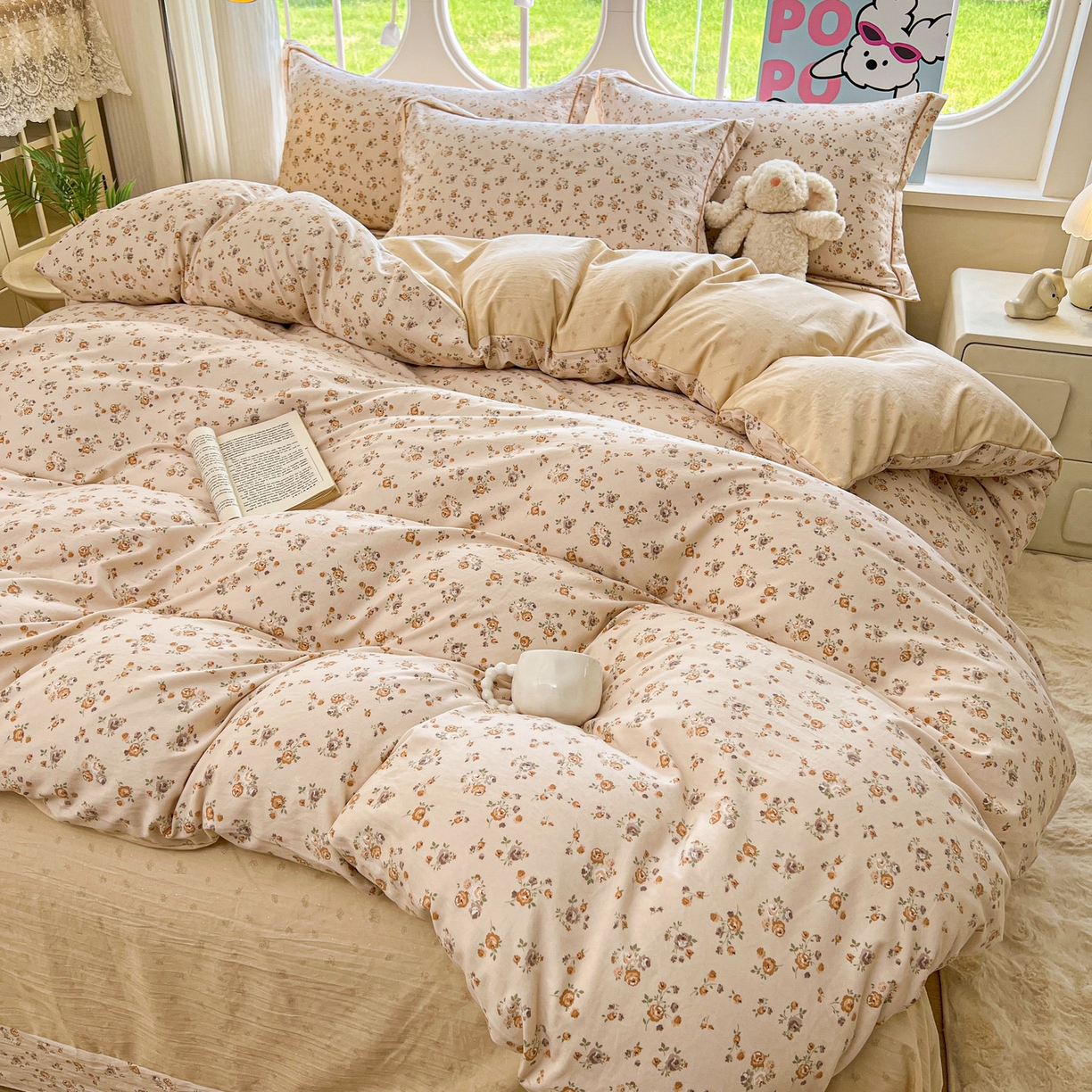 91家纺网 家纺一手货源 找家纺 韩后家纺 2025新款水洗棉印花系列四件套 花初