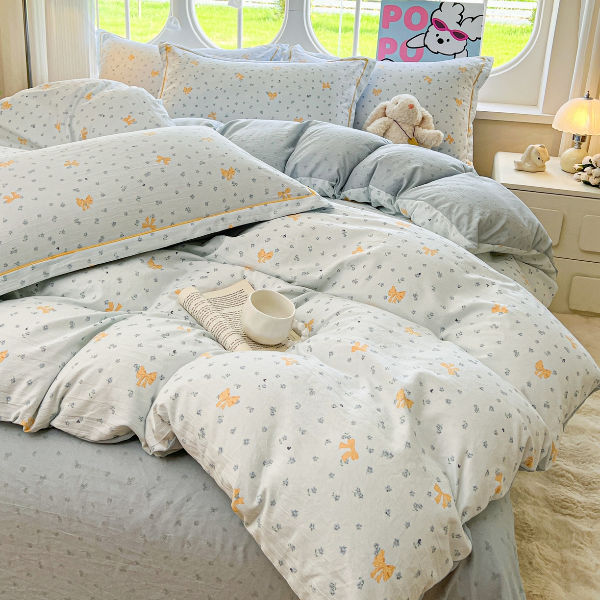 91家纺网 家纺一手货源 找家纺 韩后家纺 2025新款水洗棉印花系列四件套 波点淡翠-兰