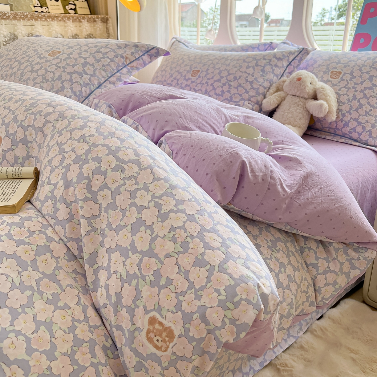 91家纺网 家纺一手货源 找家纺 韩后家纺 2025新款水洗棉印花系列四件套 轻颜-紫