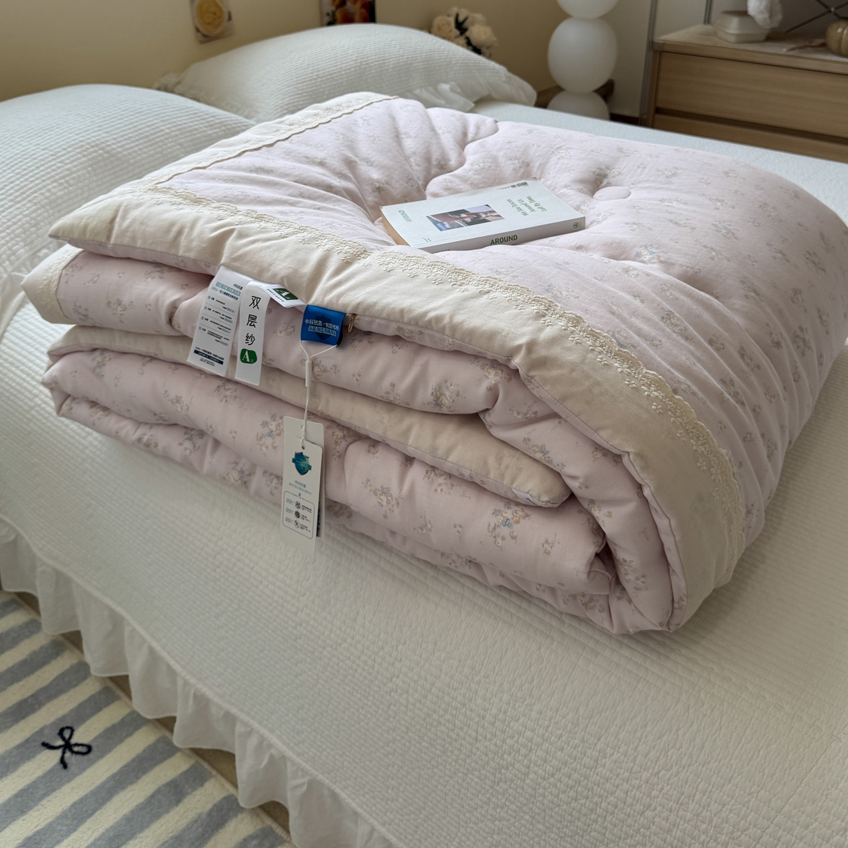 91家纺网 家纺一手货源 找家纺 一加一 2025新款A类全棉纯棉双层纱田园风懒人被冬被被子被芯（可水洗） 玲兰铛-粉