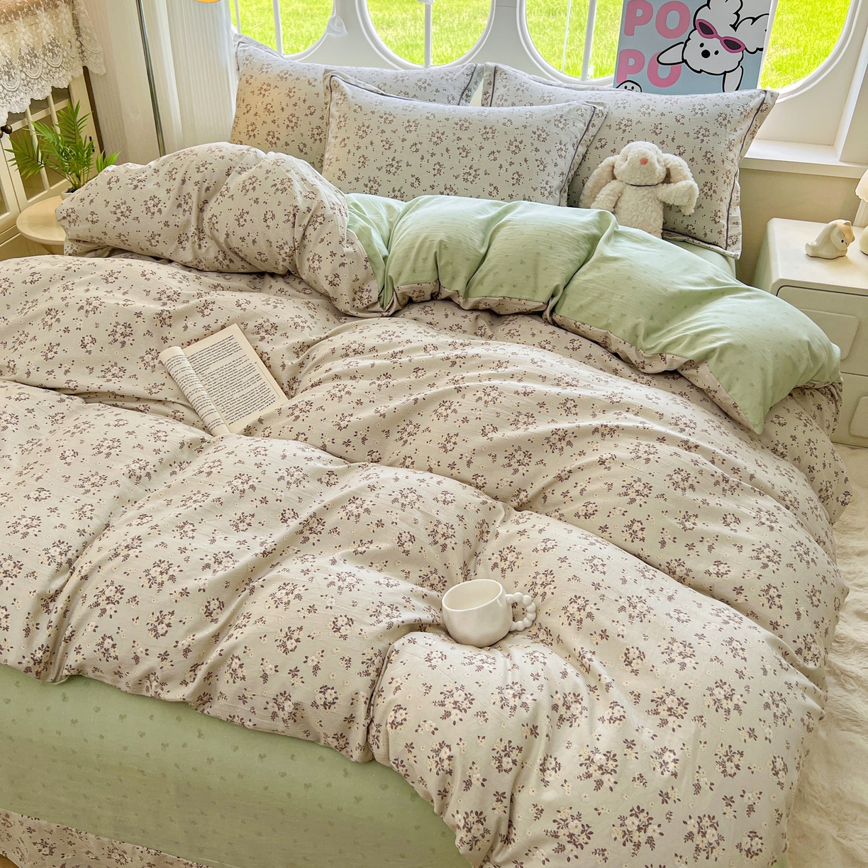 91家纺网 家纺一手货源 找家纺 韩后家纺 2025新款水洗棉印花系列四件套 花晓-绿