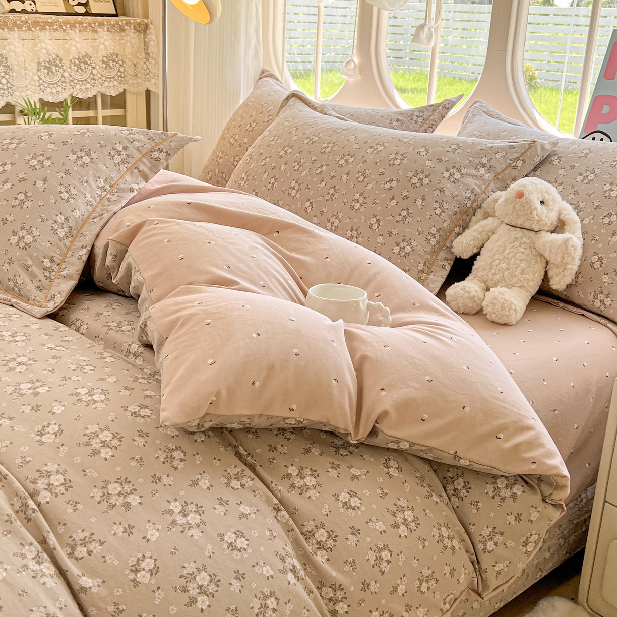 91家纺网 家纺一手货源 找家纺 韩后家纺 2025新款水洗棉印花系列四件套 花晓