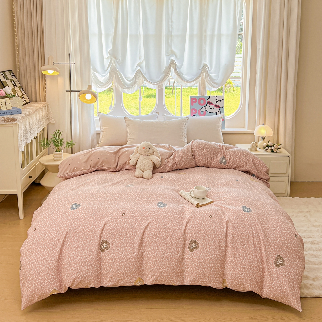 91家纺网 家纺一手货源 找家纺 韩后家纺 2025新款水洗棉印花系列四件套 挽梦-粉