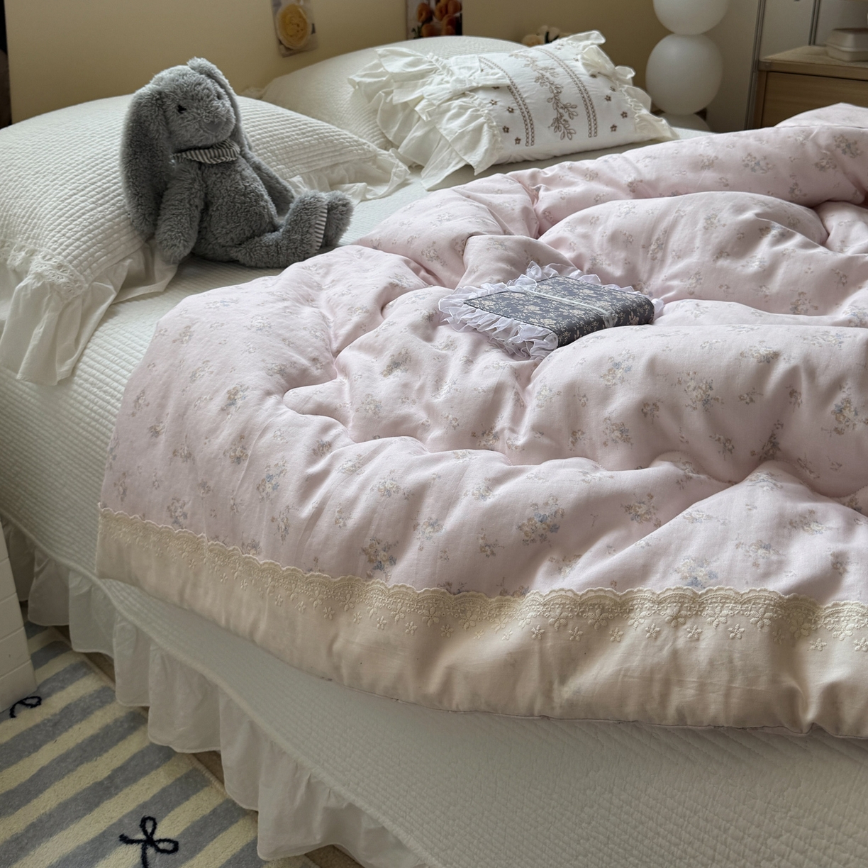 91家纺网 家纺一手货源 找家纺 一加一 2025新款A类全棉纯棉双层纱田园风懒人被冬被被子被芯（可水洗） 玲兰铛-粉
