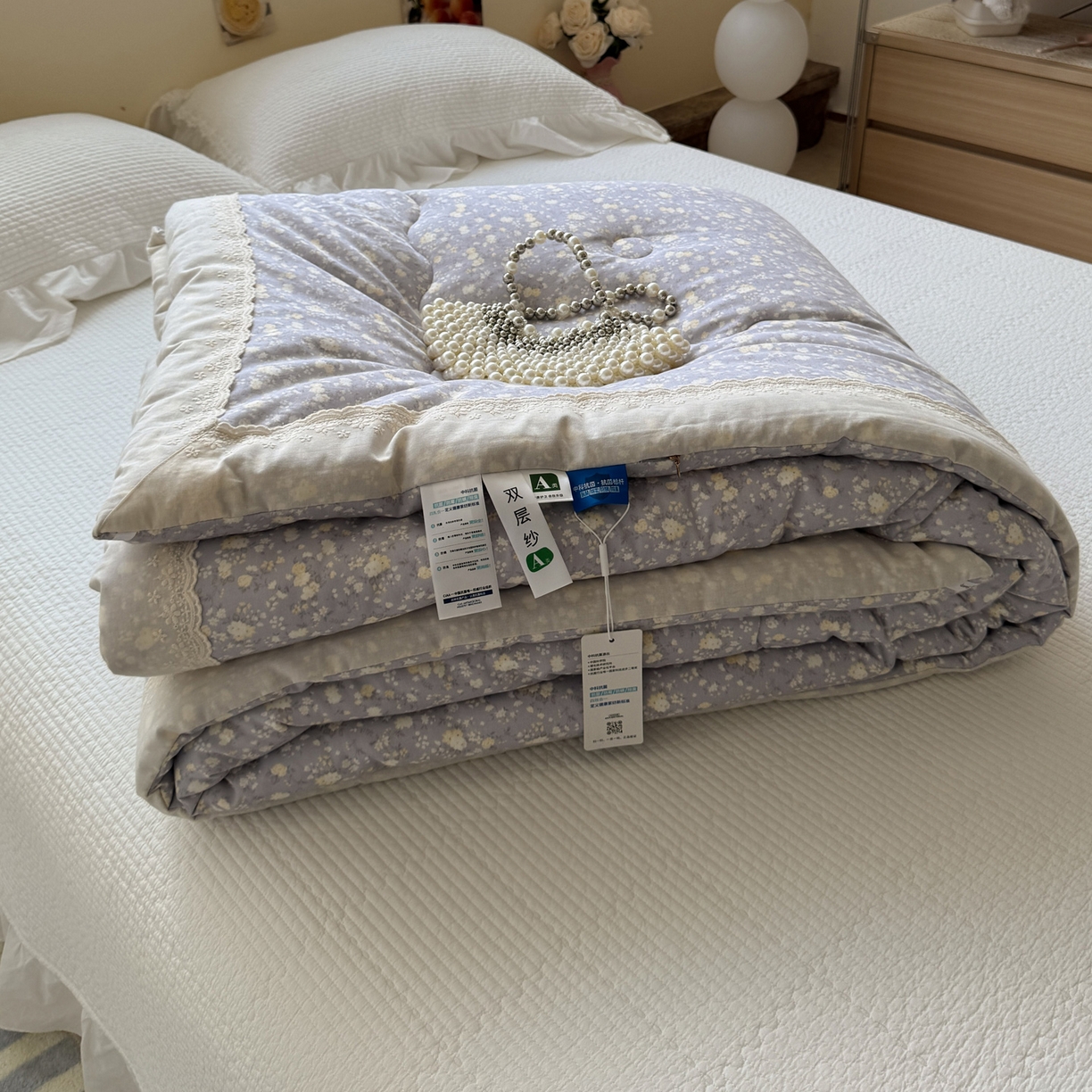91家纺网 家纺一手货源 找家纺 一加一 2025新款A类全棉纯棉双层纱田园风懒人被冬被被子被芯（可水洗） 梦醒花间-灰