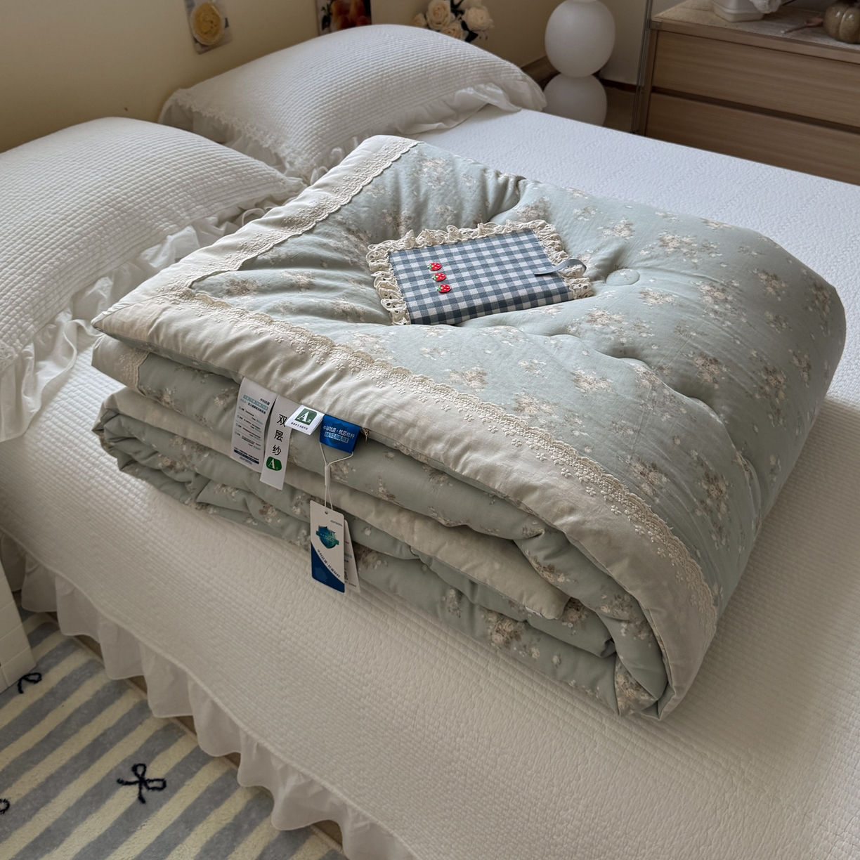 91家纺网 家纺一手货源 找家纺 一加一 2025新款A类全棉纯棉双层纱田园风懒人被冬被被子被芯（可水洗） 浮沉未央-绿
