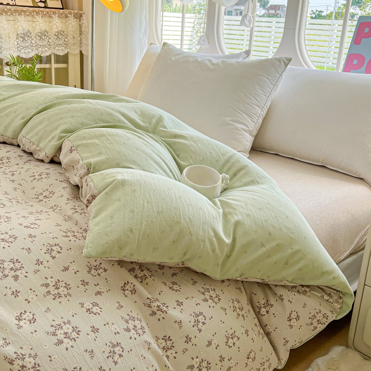 91家纺网 家纺一手货源 找家纺 韩后家纺 2025新款水洗棉印花系列四件套 花晓-绿