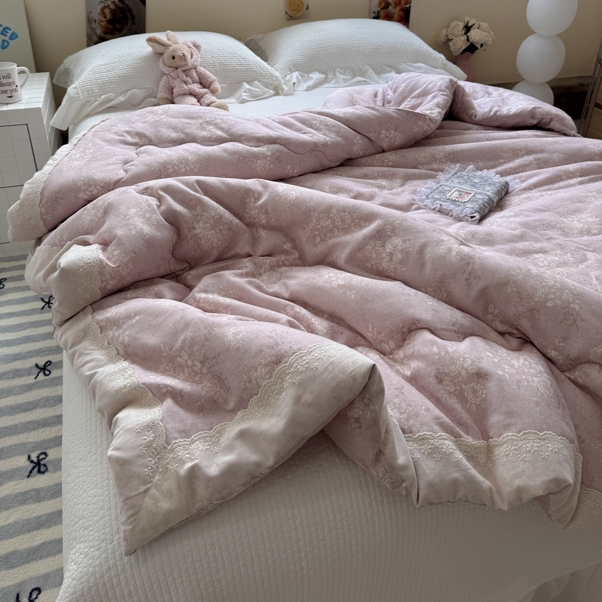 91家纺网 家纺一手货源 找家纺 一加一 2025新款A类全棉纯棉双层纱田园风懒人被冬被被子被芯（可水洗） 花蔓花影-粉