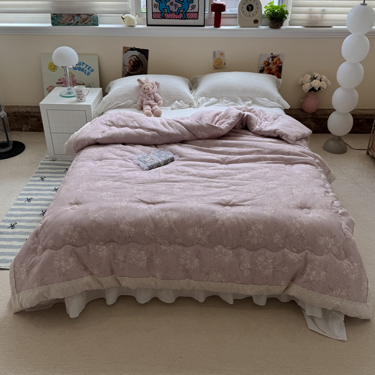 91家纺网 家纺一手货源 找家纺 一加一 2025新款A类全棉纯棉双层纱田园风懒人被冬被被子被芯（可水洗） 花蔓花影-粉