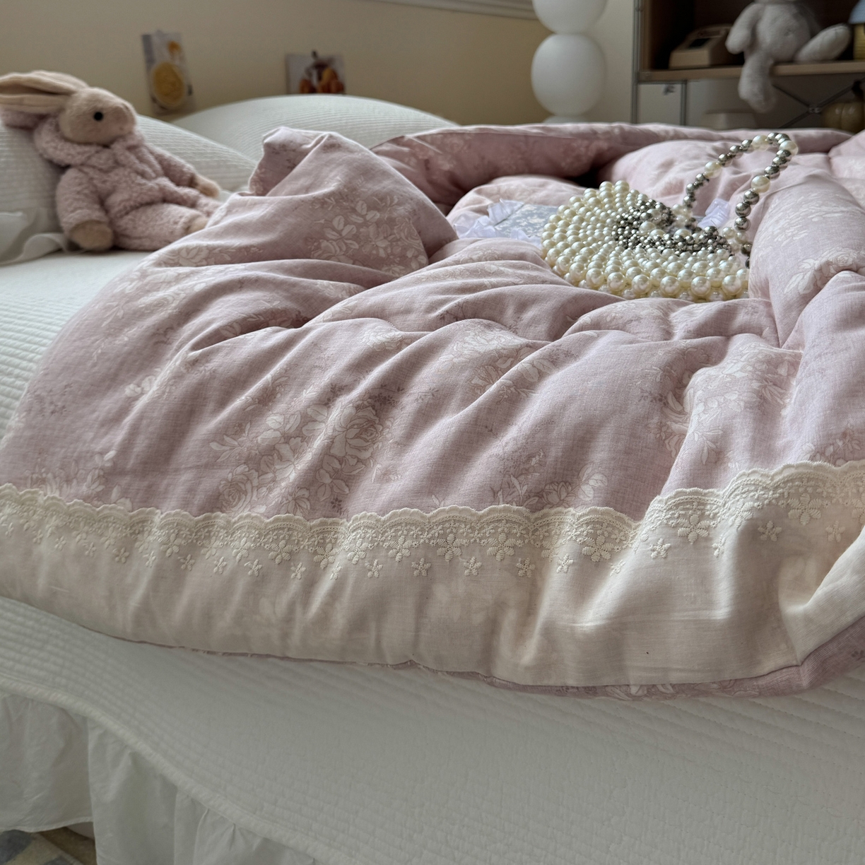 91家纺网 家纺一手货源 找家纺 一加一 2025新款A类全棉纯棉双层纱田园风懒人被冬被被子被芯（可水洗） 花蔓花影-粉