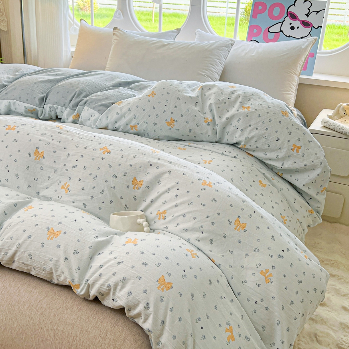 91家纺网 家纺一手货源 找家纺 韩后家纺 2025新款水洗棉印花系列四件套 波点淡翠-兰