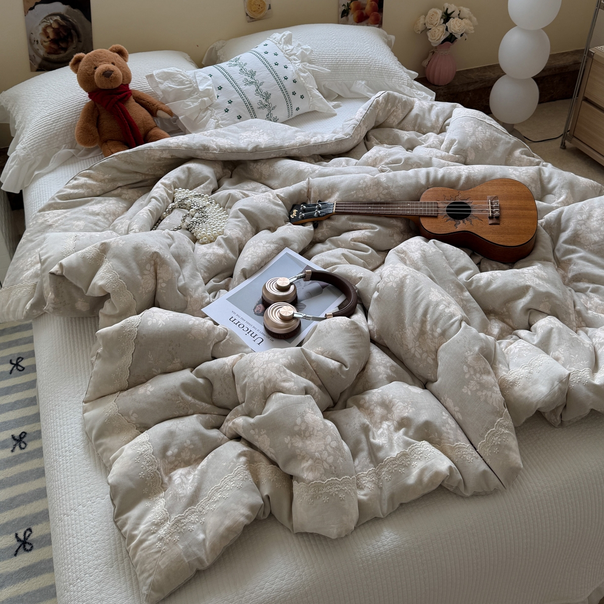 91家纺网 家纺一手货源 找家纺 一加一 2025新款A类全棉纯棉双层纱田园风懒人被冬被被子被芯（可水洗） 花蔓花影-灰