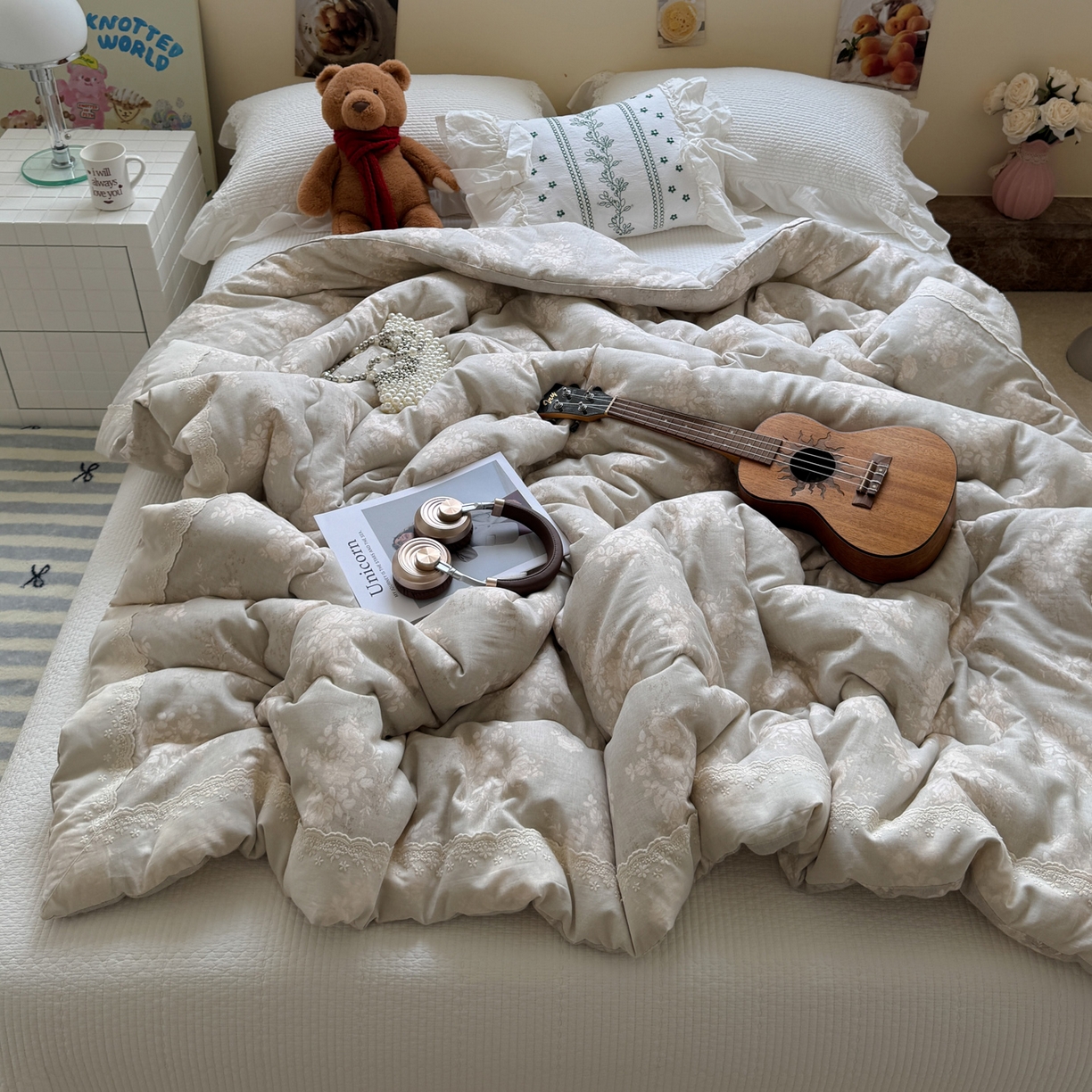 91家纺网 家纺一手货源 找家纺 一加一 2025新款A类全棉纯棉双层纱田园风懒人被冬被被子被芯（可水洗） 花蔓花影-灰