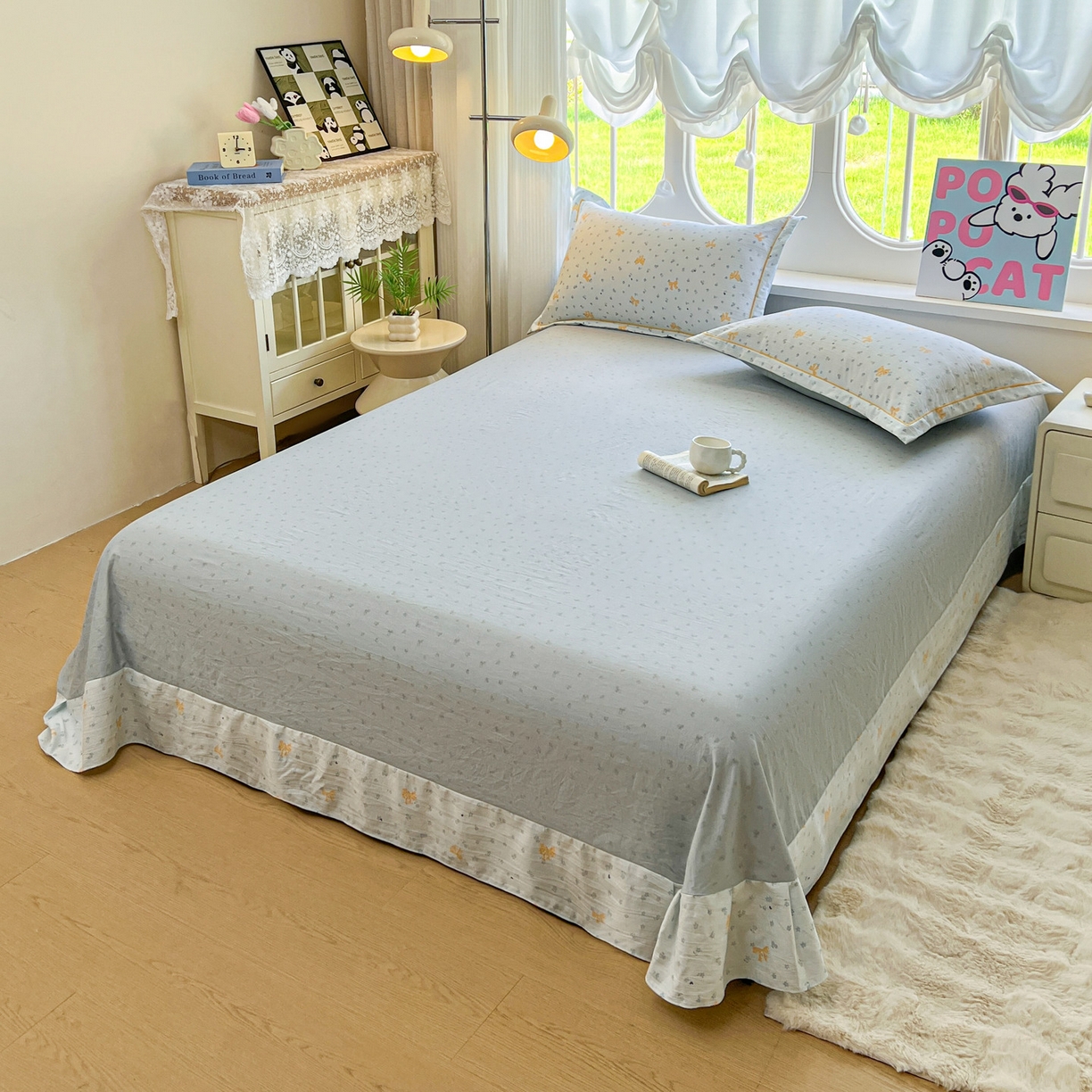 91家纺网 家纺一手货源 找家纺 韩后家纺 2025新款水洗棉印花系列四件套 波点淡翠-兰