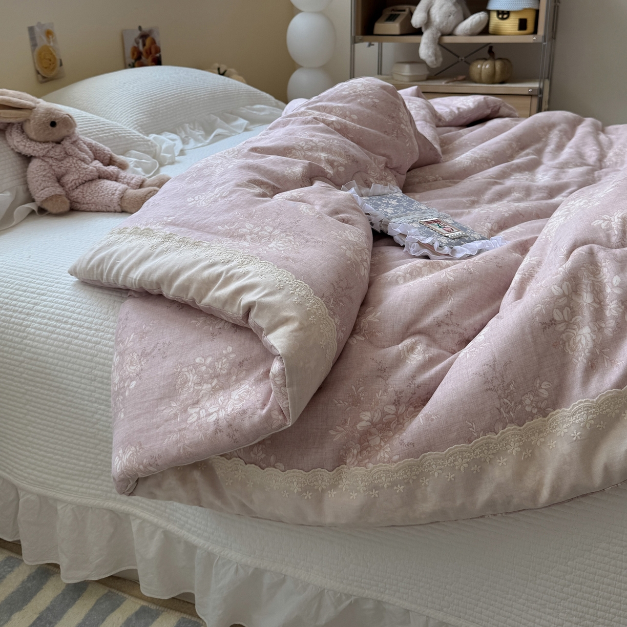 91家纺网 家纺一手货源 找家纺 一加一 2025新款A类全棉纯棉双层纱田园风懒人被冬被被子被芯（可水洗） 花蔓花影-粉