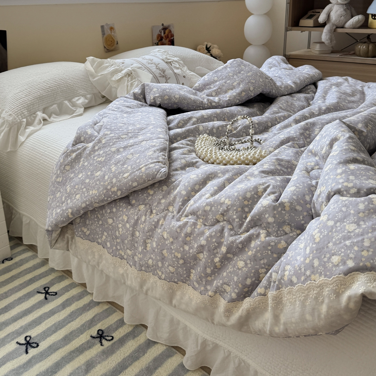 91家纺网 家纺一手货源 找家纺 一加一 2025新款A类全棉纯棉双层纱田园风懒人被冬被被子被芯（可水洗） 梦醒花间-灰