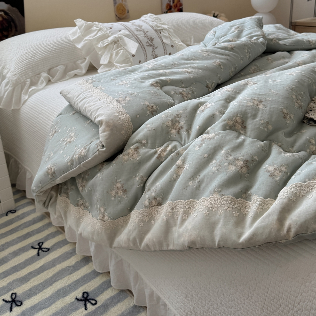 91家纺网 家纺一手货源 找家纺 一加一 2025新款A类全棉纯棉双层纱田园风懒人被冬被被子被芯（可水洗） 浮沉未央-绿