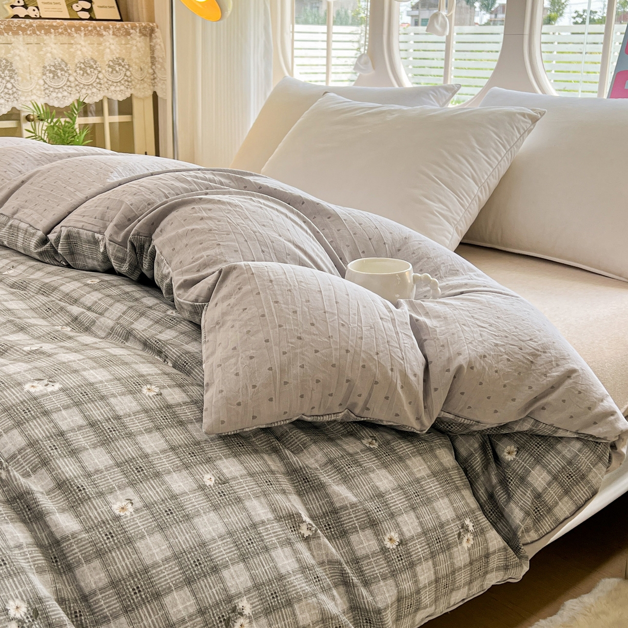 91家纺网 家纺一手货源 找家纺 韩后家纺 2025新款水洗棉印花系列四件套 洛川-灰