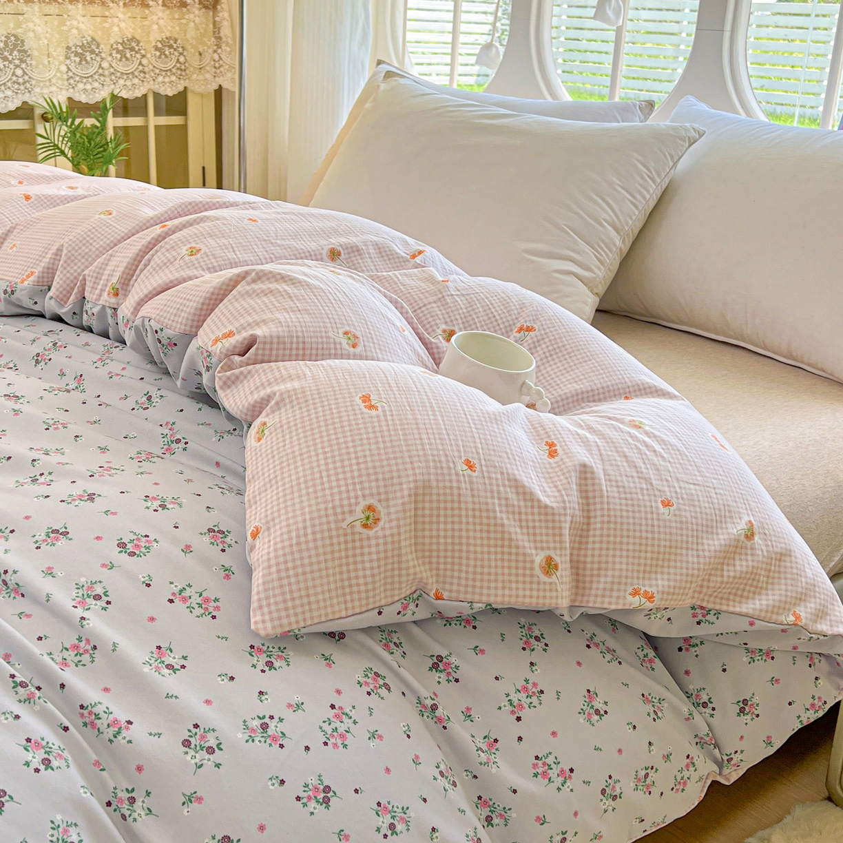 91家纺网 家纺一手货源 找家纺 韩后家纺 2025新款水洗棉印花系列四件套 黛秋-灰