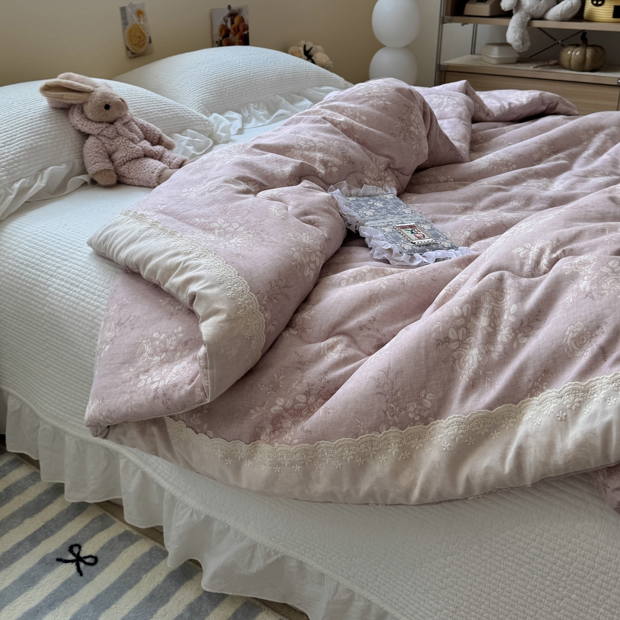 91家纺网 家纺一手货源 找家纺 一加一 2025新款A类全棉纯棉双层纱田园风懒人被冬被被子被芯（可水洗） 花蔓花影-粉