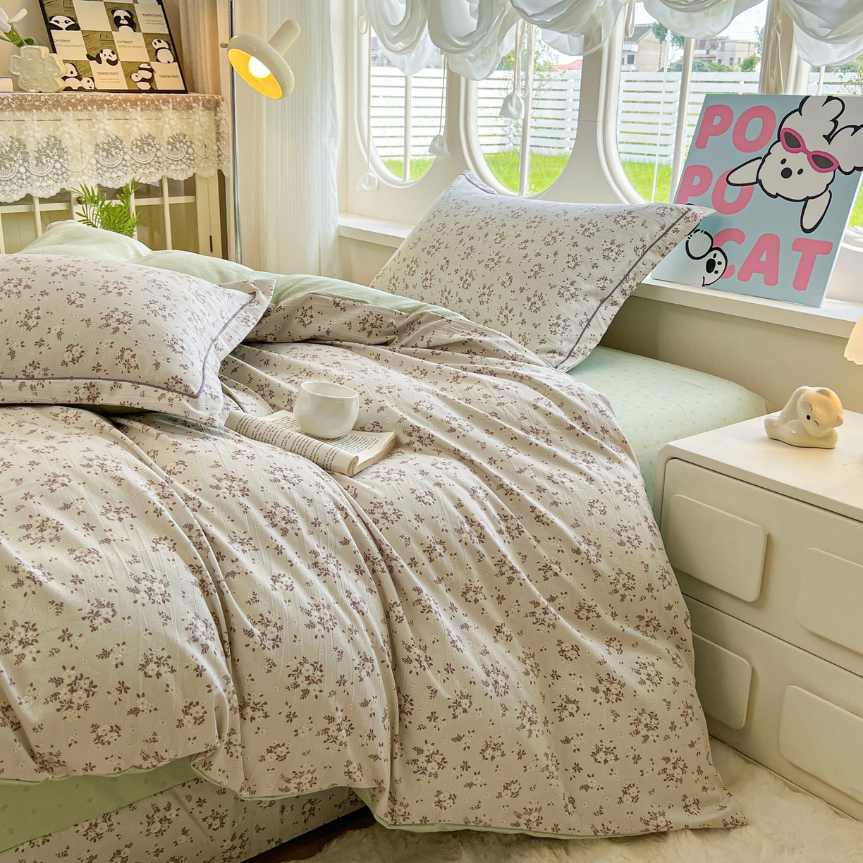 91家纺网 家纺一手货源 找家纺 韩后家纺 2025新款水洗棉印花系列四件套 花晓-绿