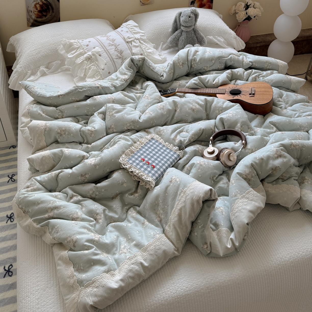 91家纺网 家纺一手货源 找家纺 一加一 2025新款A类全棉纯棉双层纱田园风懒人被冬被被子被芯（可水洗） 浮沉未央-绿