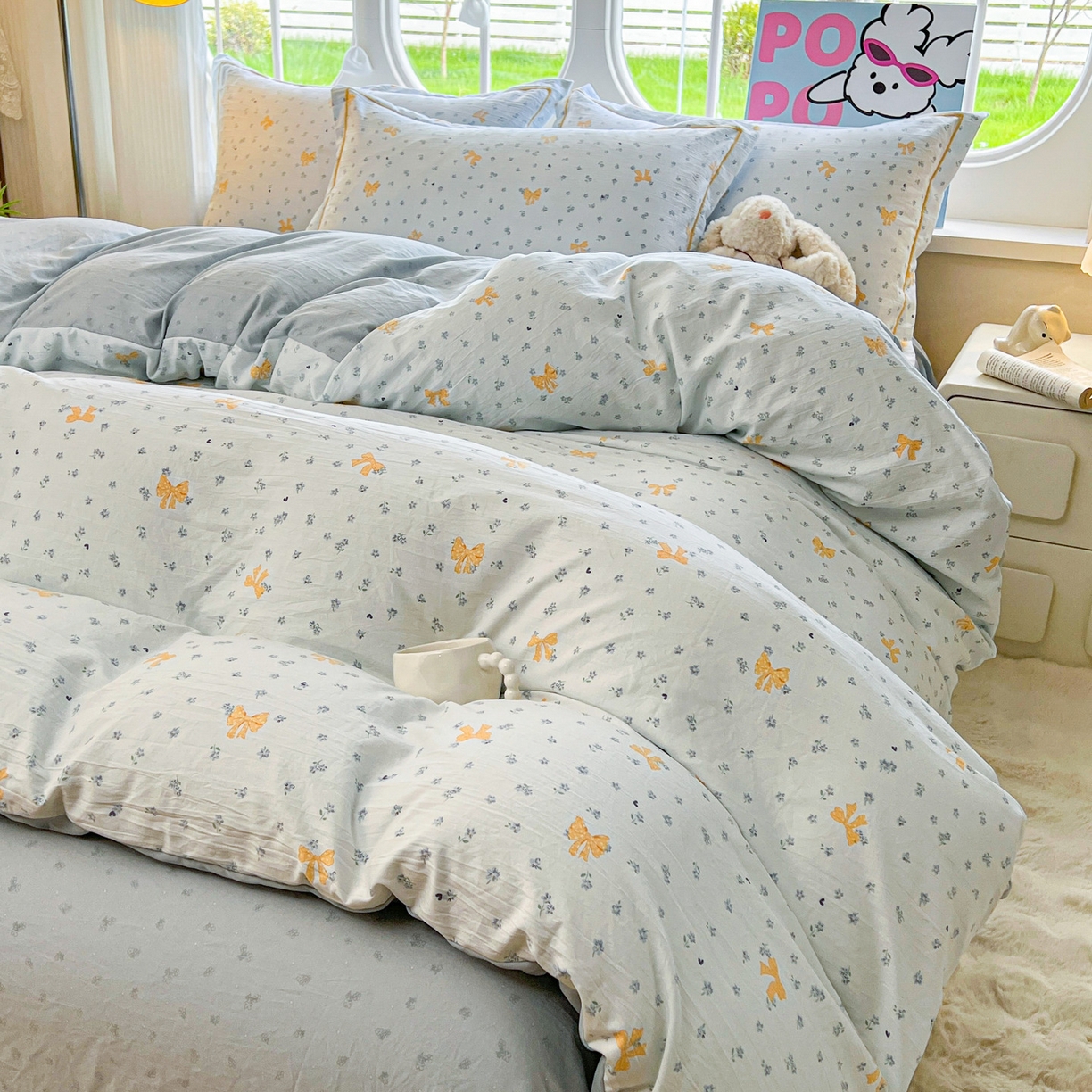 91家纺网 家纺一手货源 找家纺 韩后家纺 2025新款水洗棉印花系列四件套 波点淡翠-兰