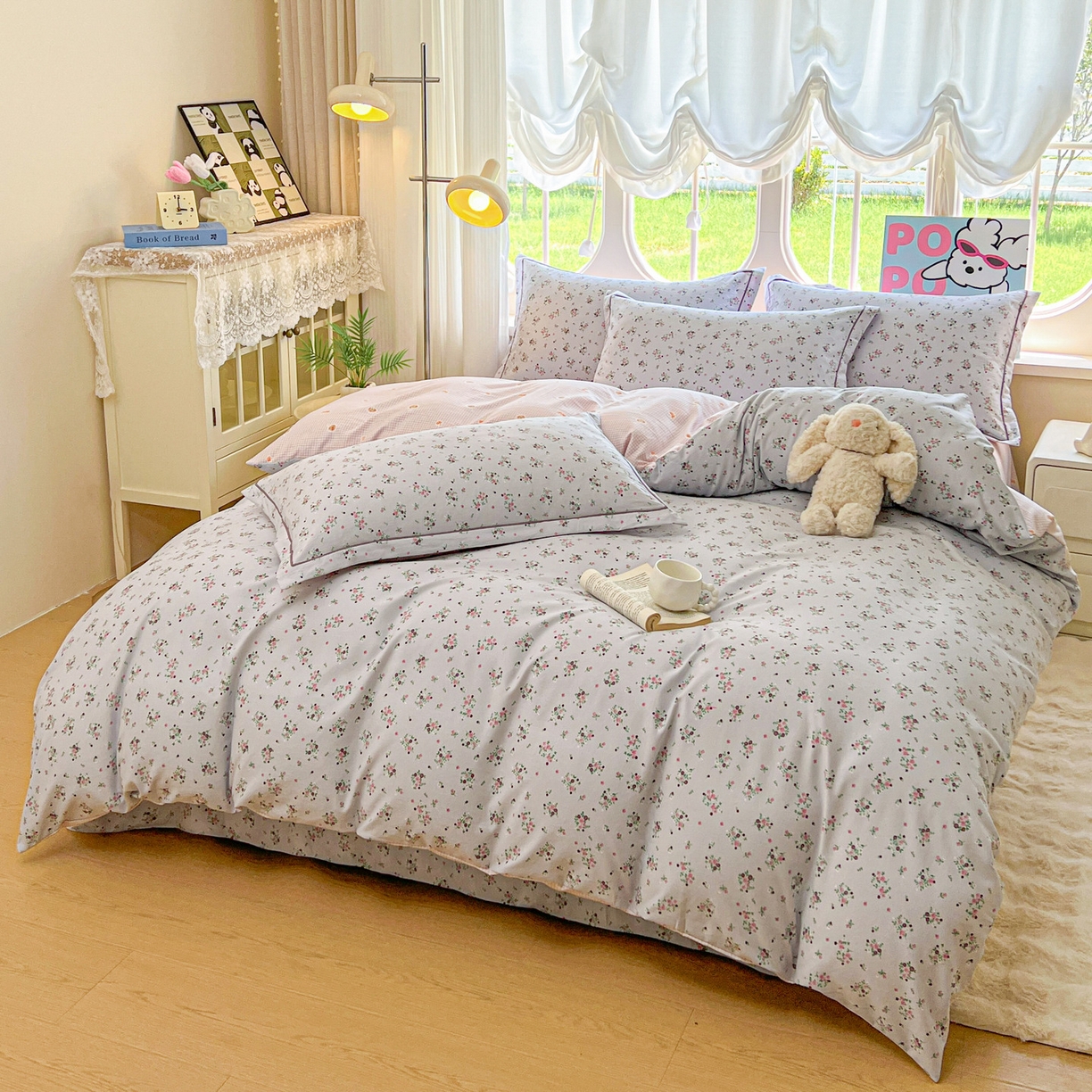 91家纺网 家纺一手货源 找家纺 韩后家纺 2025新款水洗棉印花系列四件套 黛秋-灰