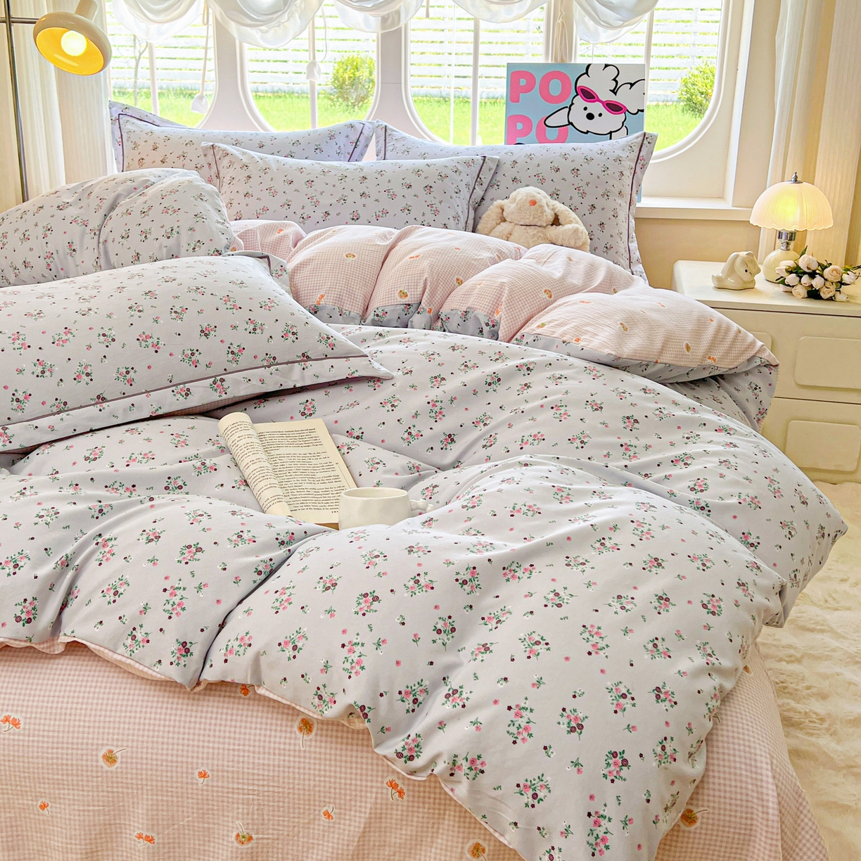 91家纺网 家纺一手货源 找家纺 韩后家纺 2025新款水洗棉印花系列四件套 黛秋-灰