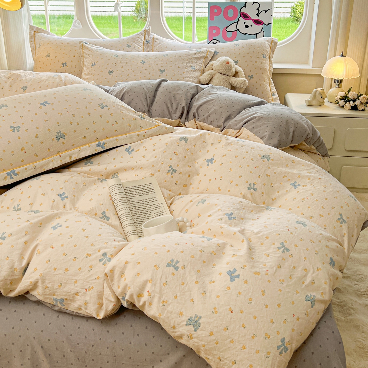 91家纺网 家纺一手货源 找家纺 韩后家纺 2025新款水洗棉印花系列四件套 波点淡翠-黄