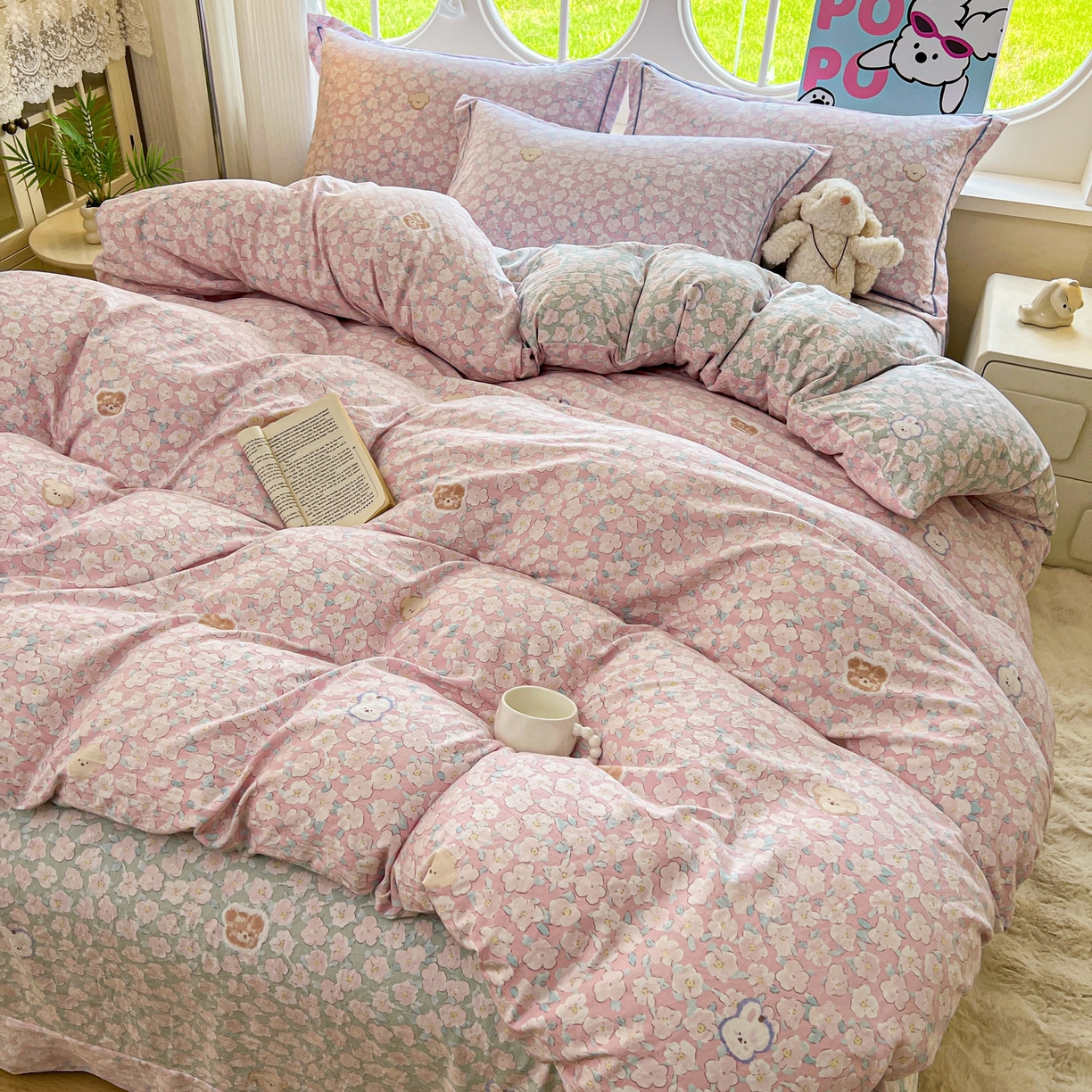 91家纺网 家纺一手货源 找家纺 韩后家纺 2025新款水洗棉印花系列四件套 轻颜-粉