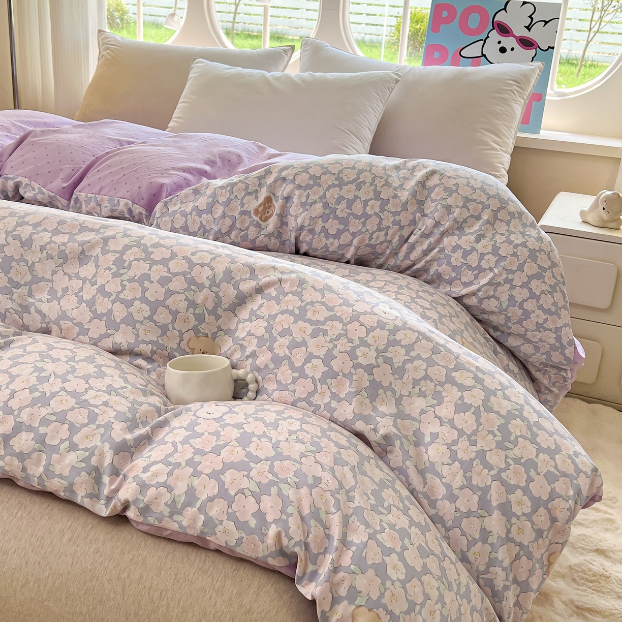 91家纺网 家纺一手货源 找家纺 韩后家纺 2025新款水洗棉印花系列四件套 轻颜-紫