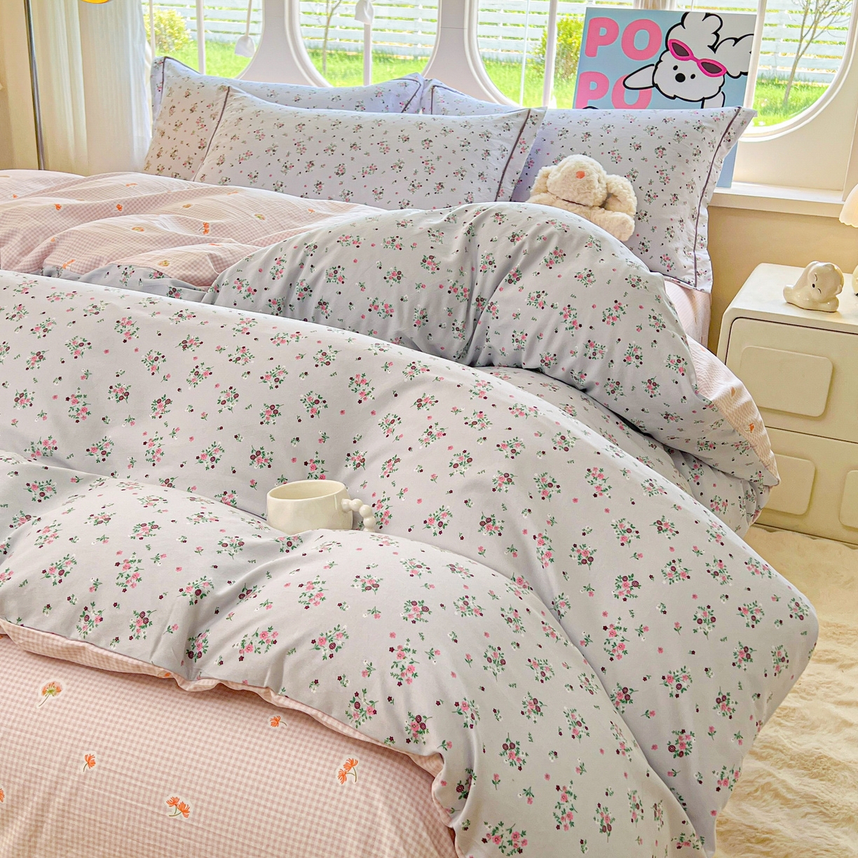 91家纺网 家纺一手货源 找家纺 韩后家纺 2025新款水洗棉印花系列四件套 黛秋-灰