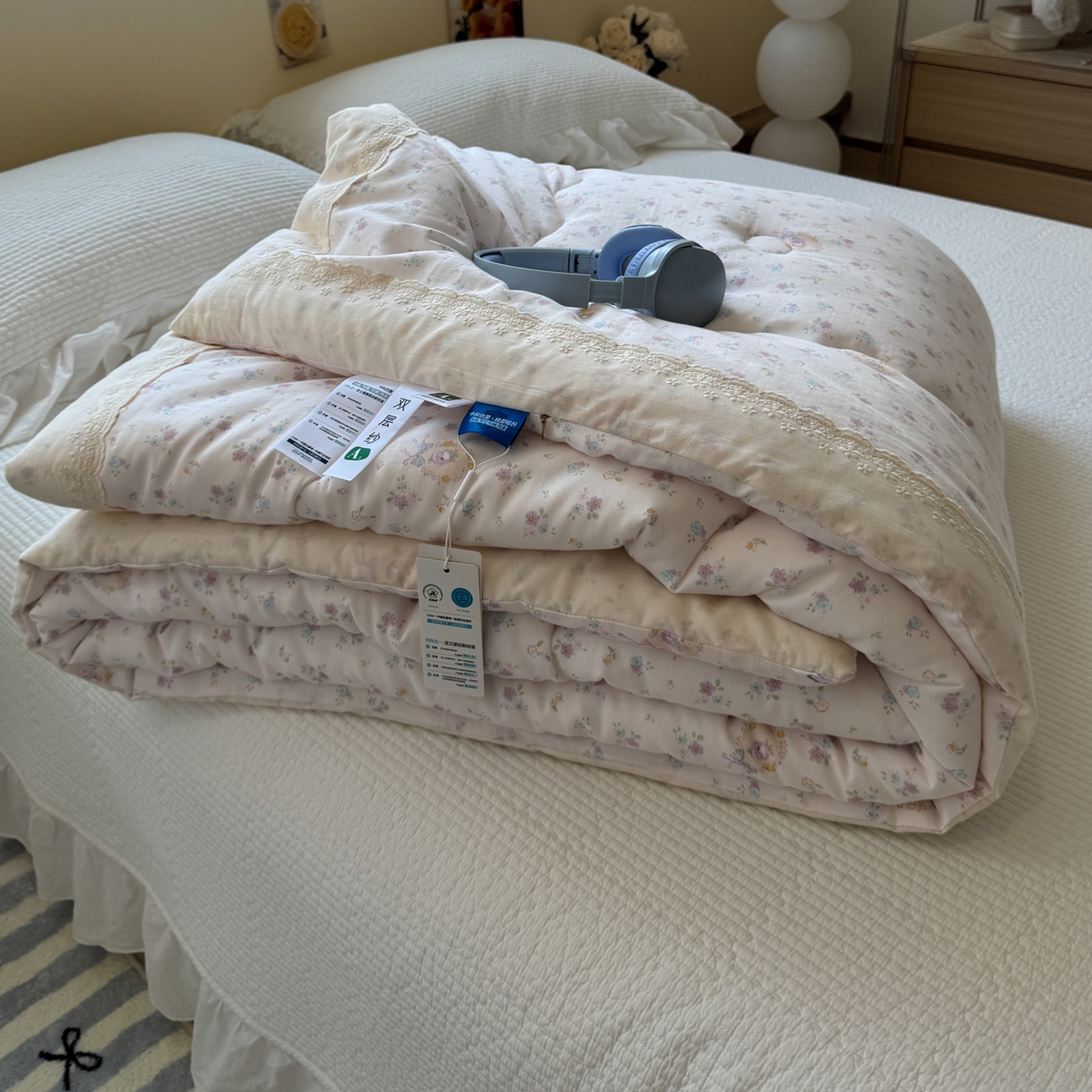 91家纺网 家纺一手货源 找家纺 一加一 2025新款A类全棉纯棉双层纱田园风懒人被冬被被子被芯（可水洗） 兰絮-粉