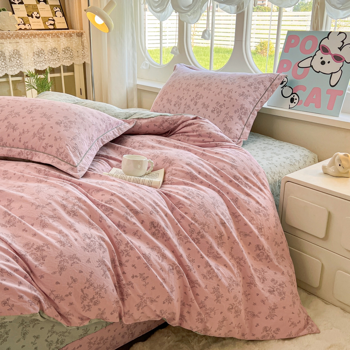 91家纺网 家纺一手货源 找家纺 韩后家纺 2025新款水洗棉印花系列四件套 映入江南-粉