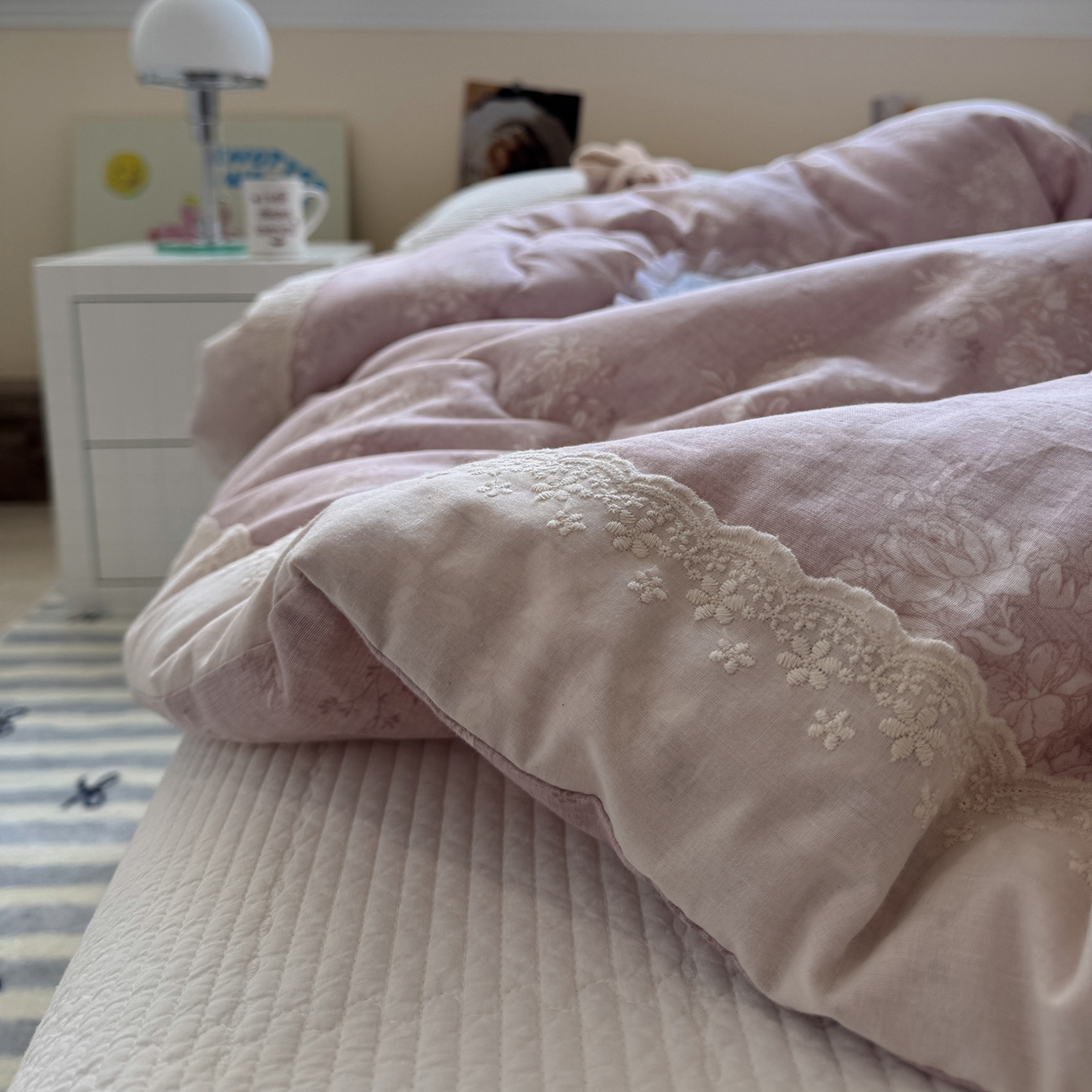 91家纺网 家纺一手货源 找家纺 一加一 2025新款A类全棉纯棉双层纱田园风懒人被冬被被子被芯（可水洗） 花蔓花影-粉