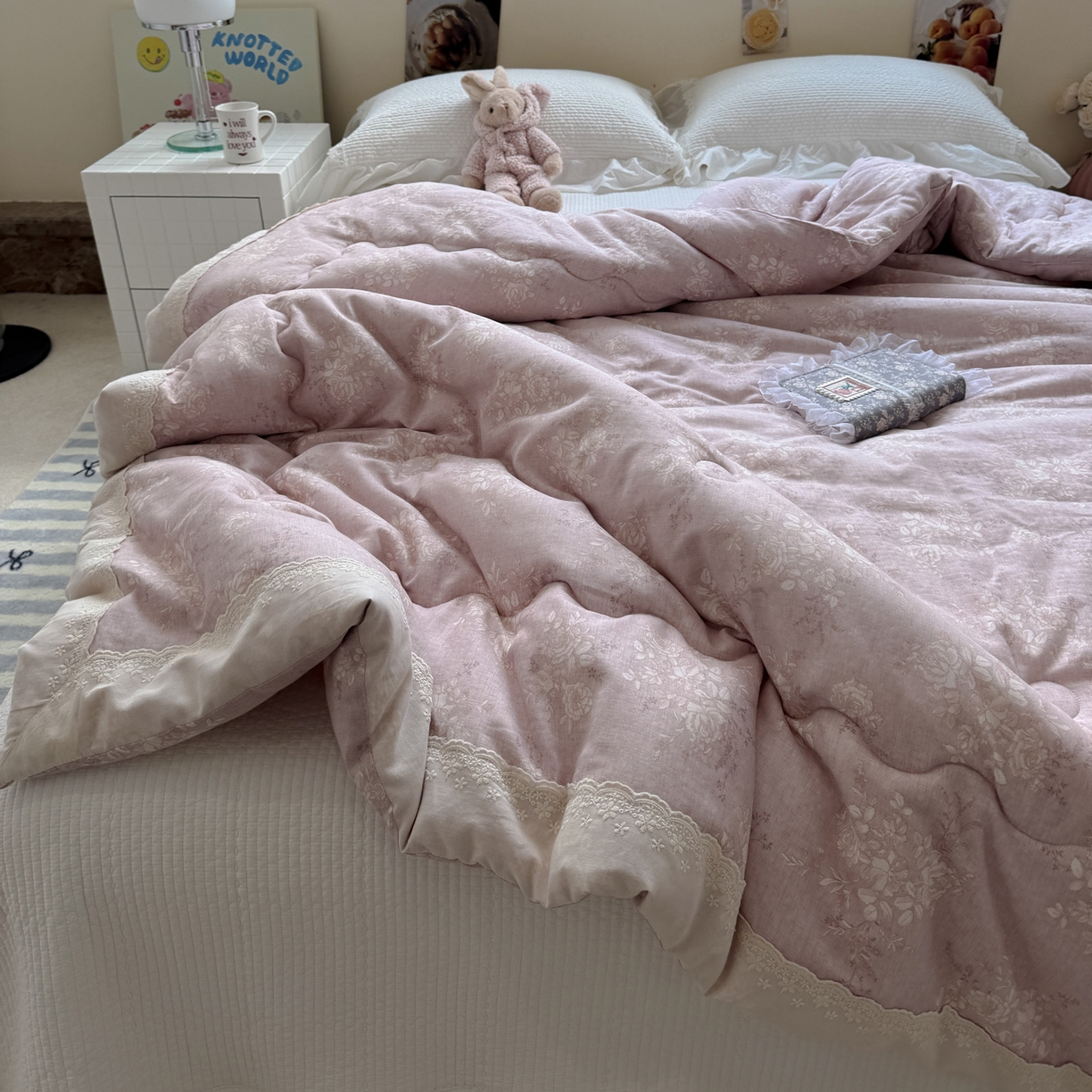 91家纺网 家纺一手货源 找家纺 一加一 2025新款A类全棉纯棉双层纱田园风懒人被冬被被子被芯（可水洗） 花蔓花影-粉