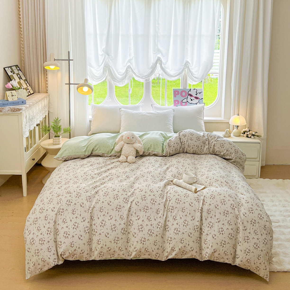 91家纺网 家纺一手货源 找家纺 韩后家纺 2025新款水洗棉印花系列四件套 花晓-绿