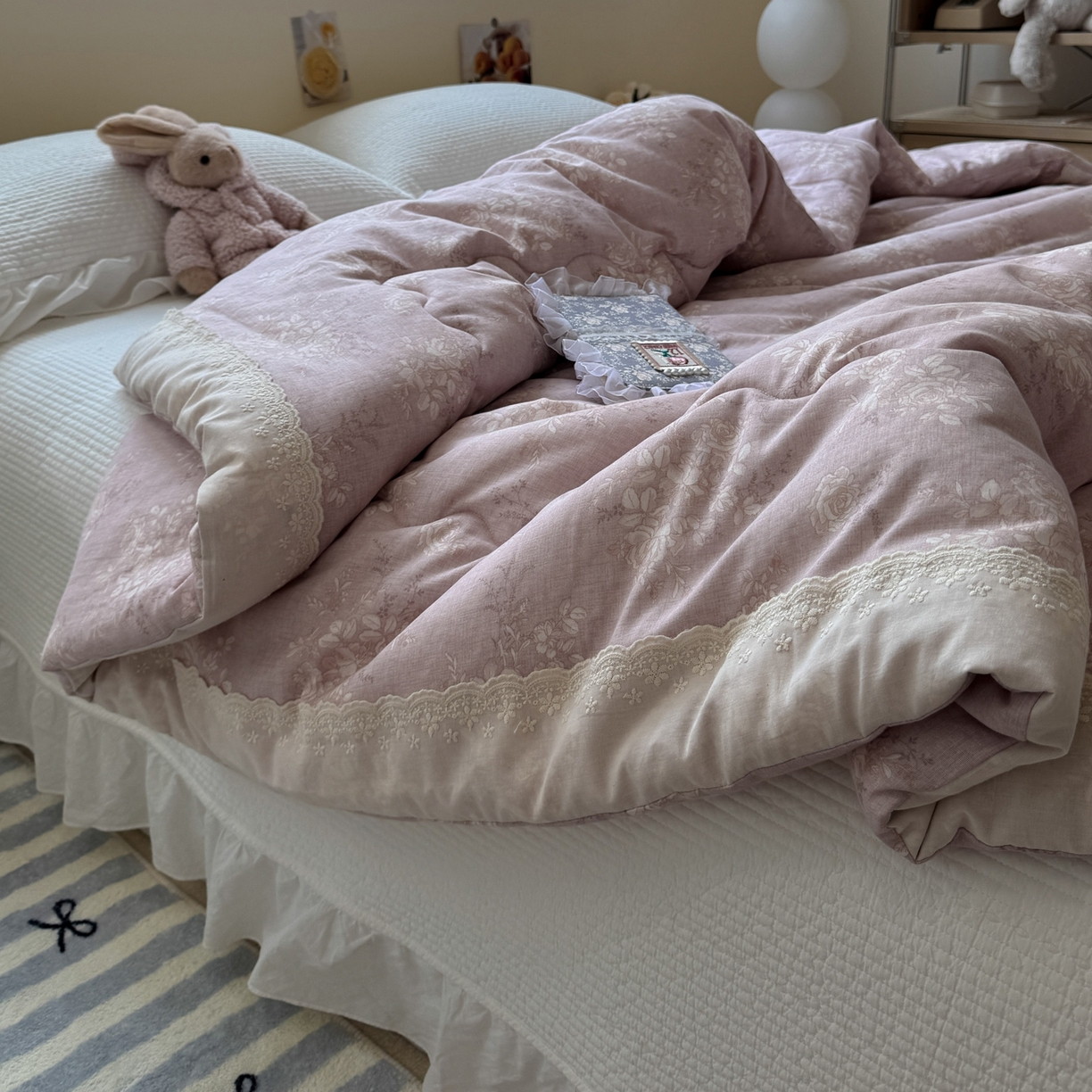 91家纺网 家纺一手货源 找家纺 一加一 2025新款A类全棉纯棉双层纱田园风懒人被冬被被子被芯（可水洗） 花蔓花影-粉