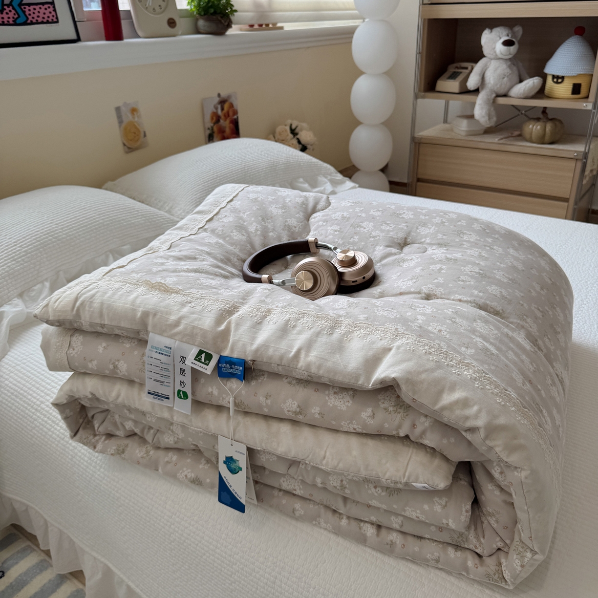 91家纺网 家纺一手货源 找家纺 一加一 2025新款A类全棉纯棉双层纱田园风懒人被冬被被子被芯（可水洗） 杏花小镇-驼