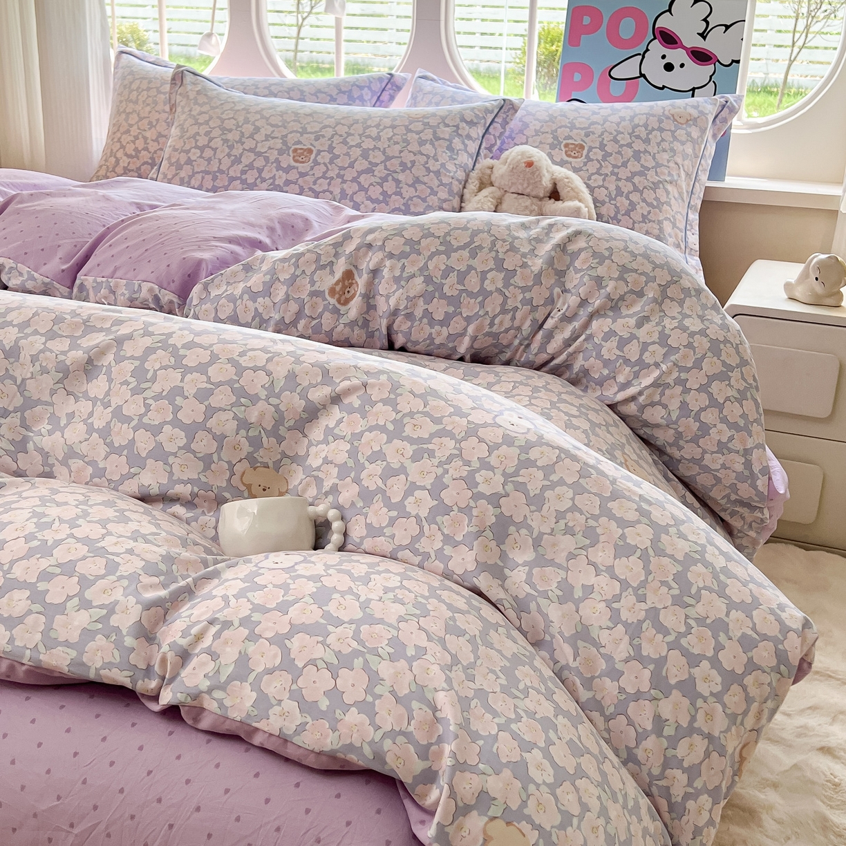 91家纺网 家纺一手货源 找家纺 韩后家纺 2025新款水洗棉印花系列四件套 轻颜-紫