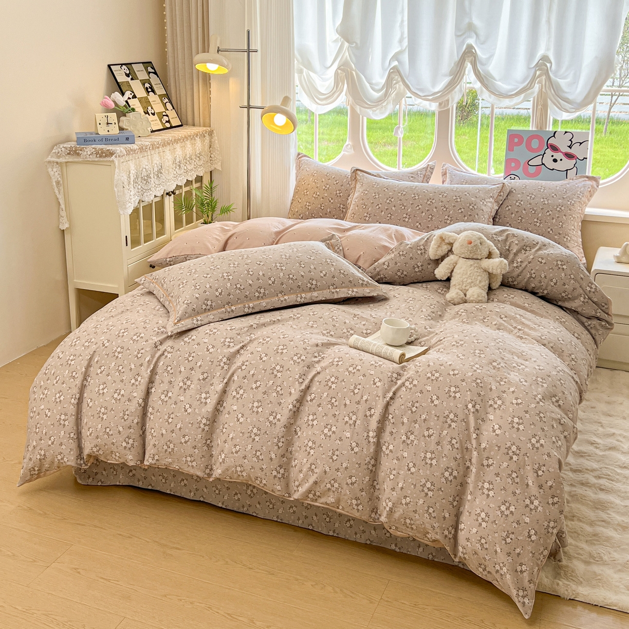 91家纺网 家纺一手货源 找家纺 韩后家纺 2025新款水洗棉印花系列四件套 花晓